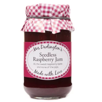 image of a jar of seedless raspberry jam.