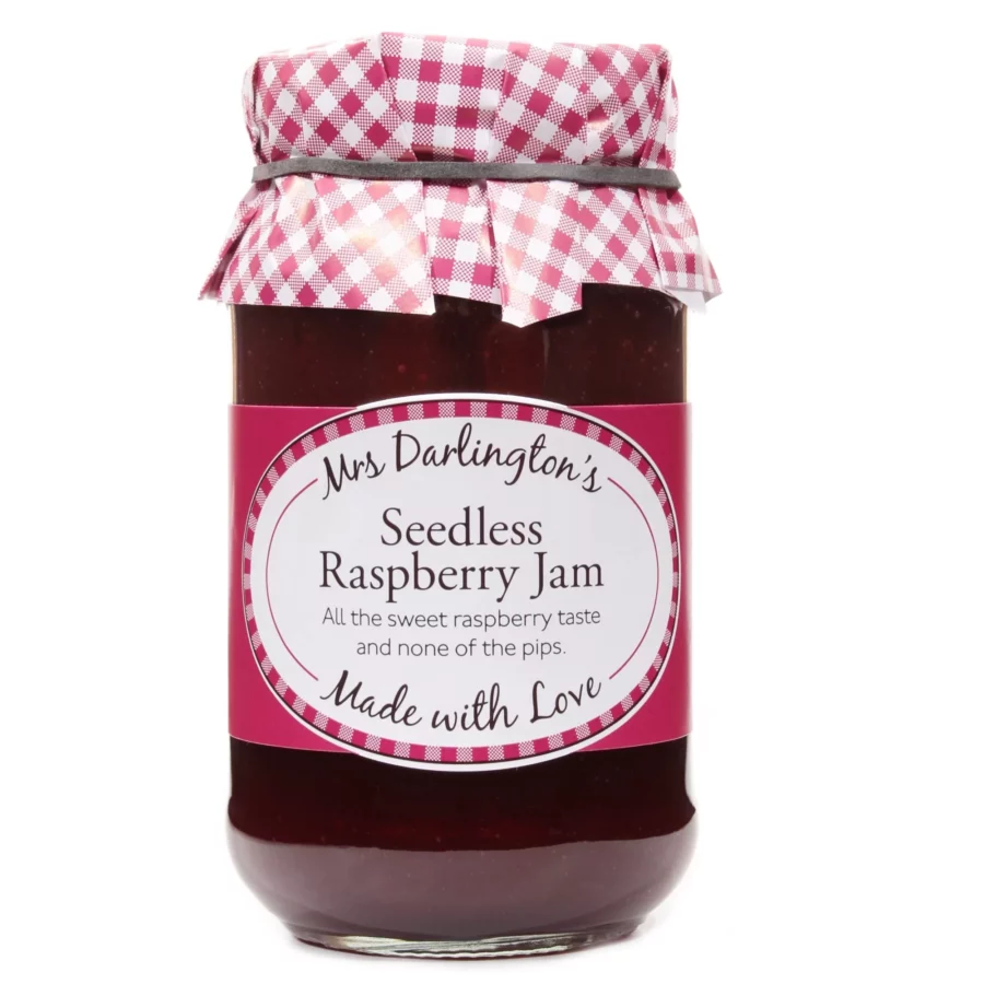 image of a jar of seedless raspberry jam.