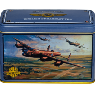 Picture of a tea tin with a Lancaster bomber.