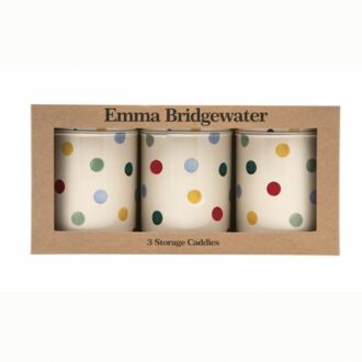 Picvture of storage caddies with a polka dot design.