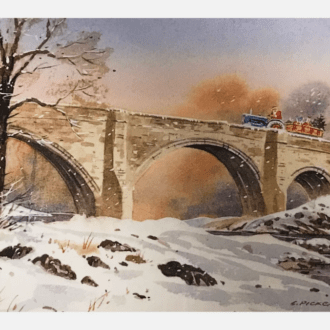 picture of card depicting Devil's Bridge at Christmas.